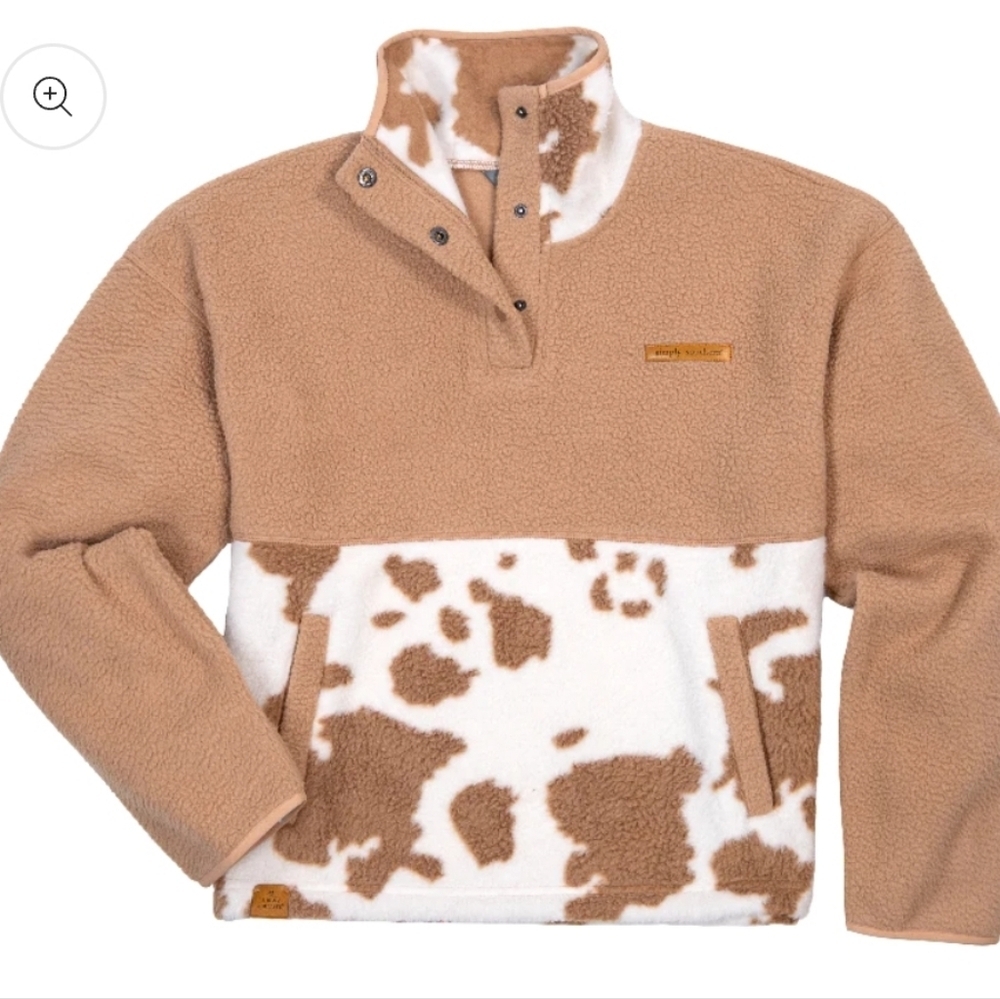 Simply Southern Cow Print Sherpa Pullover XL Tan Fleece Quarter Snap Jacket